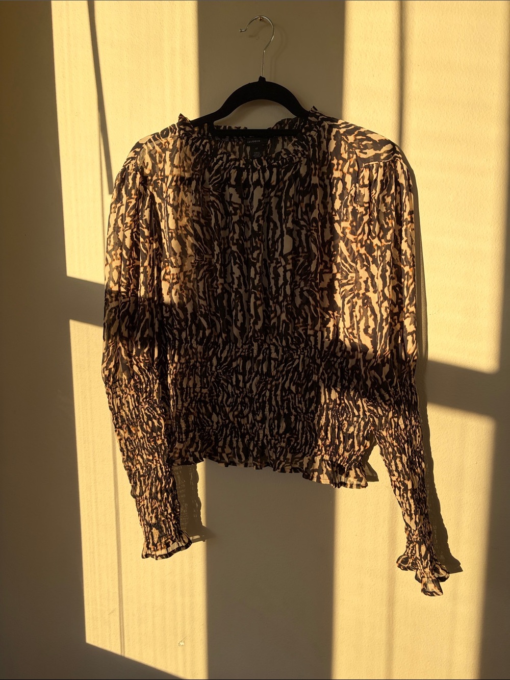 Halogen Black and Cream Animal-Print Smocked Blouse